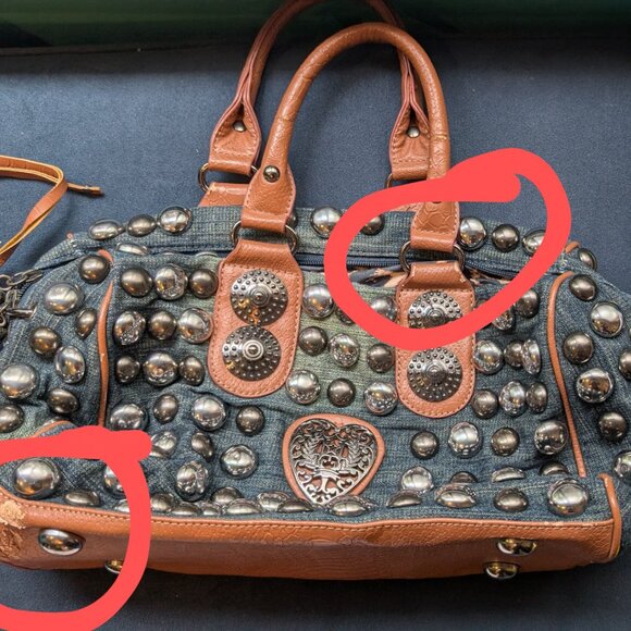 Studded Denim and brown tassel shoulder bag tote - Picture 8 of 8